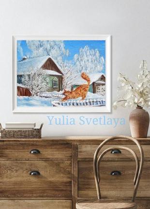 Картина маслом зима в деревне 15*20 см2 фото