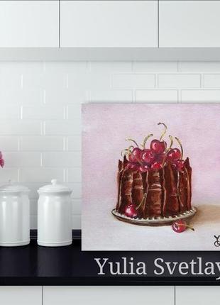 Картина для кафе, кондитерской шоколадное пирожное с вишней 20*20 см3 фото