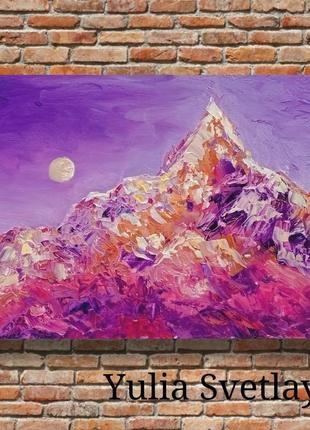 Гірський пейзаж з місяцем, картина гори олійний живопис5 фото