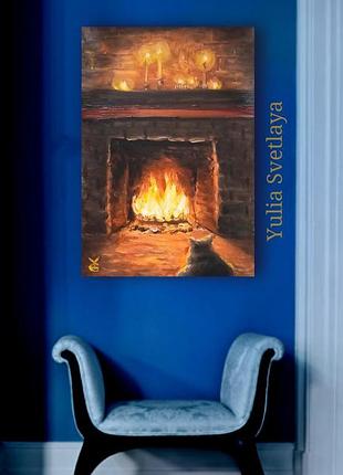 Картина з котом вечір у каміна