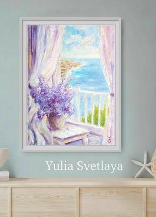 Картина импрессионизм окно с видом на море 30*40 см6 фото