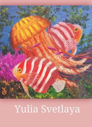 Картина тропічна риби янголи м′ятні та медуза 20*20 см1 фото