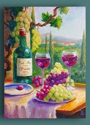 Натюрморт с бутылкой вина, бокалами и виноградом 30*40 см8 фото