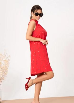 Красное в горошек  платье с воротником халтер, софт, повседневный2 фото