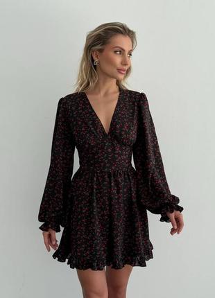 Женское платье шифон мини с длинным рукавом летняя черная коричневая «камалия»