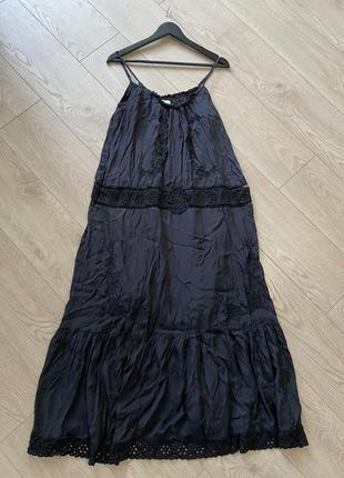Дизайнерское невероятное натуральное с вышивкой черное платье макси stella forest