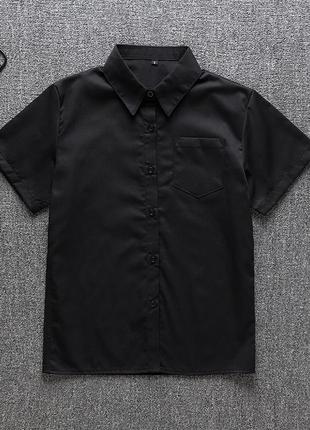 Чорна сорочка у школу мінімалістична 7301 рубашка оверсайз з карманом короткі рукави чорна форма6 фото