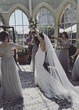 Шалфейно-зеленое платье макси со спущенными плечами и пайетками maya bridesmaid10 фото