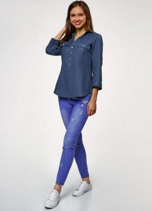 Eur 36-38 новая льняная натуральная синяя женская рубашка блузка блуза лен с рукавом