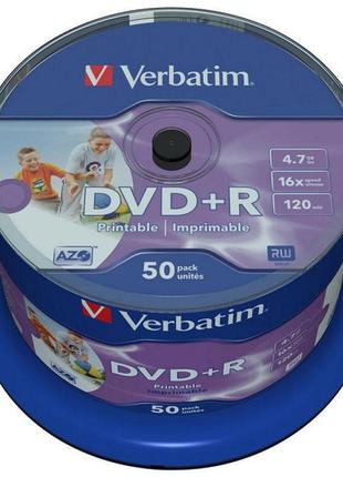 Диск dvd+r 4.7gb 16x 50pcs verbatim wide inkjet printable no i...