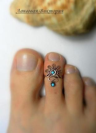 Кольцо на палец ноги "цветочек с завитком", серебро, бронза, медь, бирюза, сердолик, родохрозит1 фото