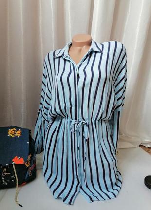 Сорочка туніка в смужку з кишенями куліс на талії тканина жатка8 фото