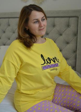 Батал жіноча піжама штани, довгий рукав (великі розміри) жовта7 фото