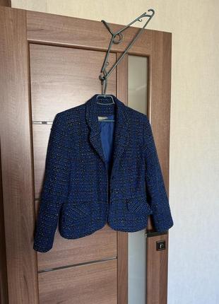 Стильный шерстяной  твидовый жакет блейзер пиджак синий размер 145 фото