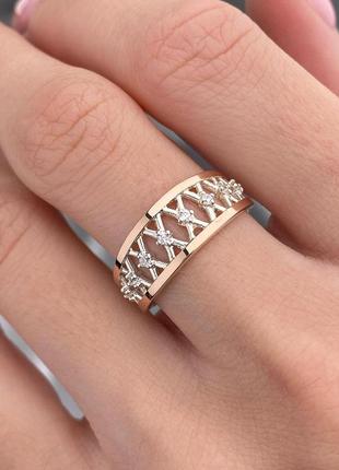 Серебряный набор 925 пробы с золотыми пластинами 375 проб и цирконии, серьги и кольцо