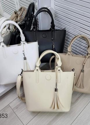 Жіноча сумка чорна бежева біла модна сумочка екошкіра7 фото