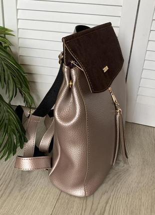 Жіночий рюкзак-сумка бронза еко шкіра, натуральний замш2 фото
