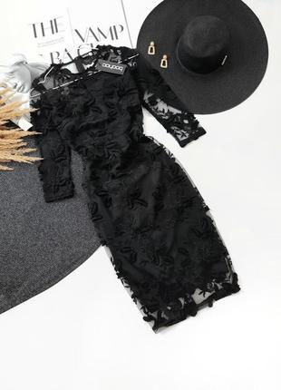 Чорне міді плаття сітка з вишивкою boohoo4 фото
