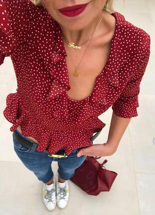Брендова блуза винного кольору в горошок з рюшами новий topshop