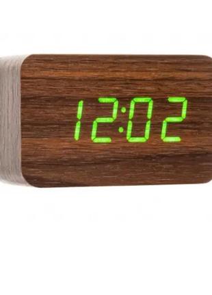 Настільний електронний годинник від мережі та від батарейок із календарем і градусником у формі дерев.бруска vst-863 корич