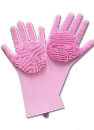 Силиконовые многофункциональные перчатки для мытья и чистки magic silicone gloves magic brush с ворсом  (розов1 фото