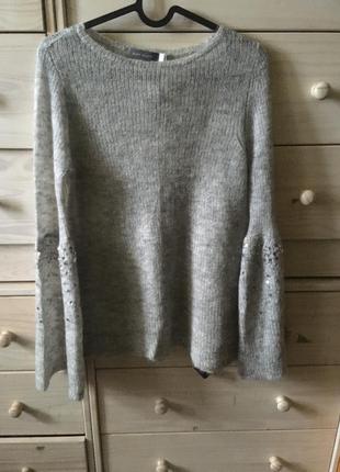 Нежный серый шерстяной джемпер свитер из тонкого мохера с красивыми рукавами 8-10-122 фото