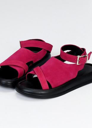 Малинові фуксія натуральні замш босоніжки сандалі з ремінцями 36-405 фото