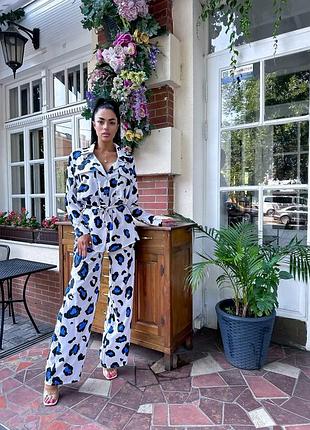 Брючный костюм белый молочный лео леопардовый брюки штаны широкие прямые палаццо рубашка кофта кардиган блуза кимоно синий коричневый