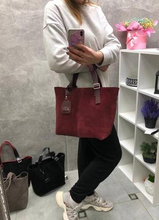 Якісна жіноча сумка з натуральної замші та екошкіри бордо3 фото