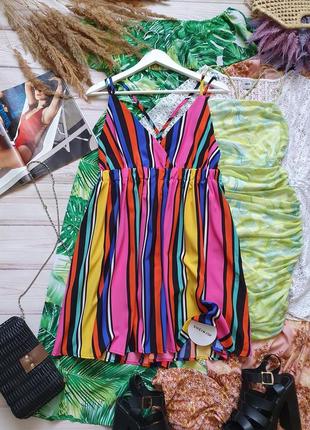 Легкий яркий летний сарафан платье в полоску на тонких бретелях