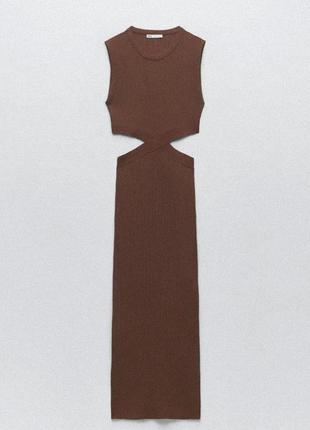 Zara шоколадное платье от бренда зара коричневое, в рубчик, с вырезами на талии, с открытой спиной, меди, вязаная, платье, макси, длинная обмен7 фото