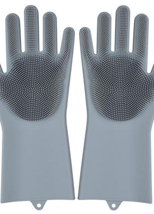 Силіконові багатофункціональні рукавички для миття й чищення magic silicone gloves magic brush з ворсом (сірі1 фото