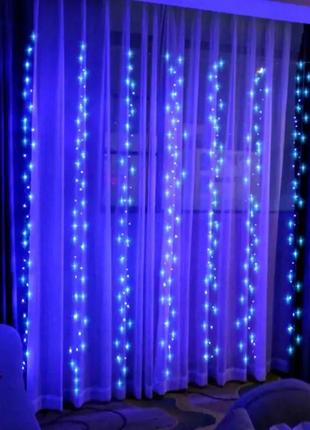 Гірлянда на вікно або стіну водоспад 300 см*200 см, 280 led-діодів, прозорий дріт синій світ1 фото