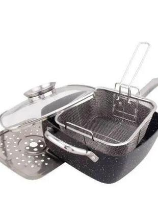 Сковорода сотейник пароварка фритюрница с крышкой 24 см квадратная глубокая benson bn 3553 фото