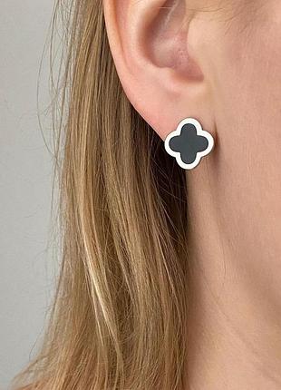 Срібні сережки 925проби покриття родій, вставка юв. ємаль імітація онікс конюшина клевер ванкліф чорний