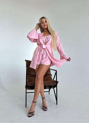 Красивый женский розовый костюм тройка топ шорты и халат для дома и сна из софт ткани легкий пижамный костюм