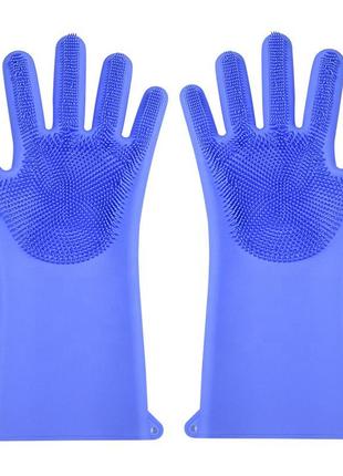 Силиконовые многофункциональные перчатки для мытья и чистки magic silicone gloves magic brush с ворсом  (синие1 фото