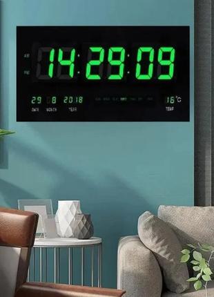 Настінний електронний led-годинник із датою, будильником і температурою digital clock 4622 чорний із зеленим2 фото