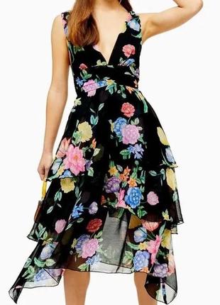 Ярусное платье миди topshop в цветах цветочная черная шифоновая праздничная женская5 фото