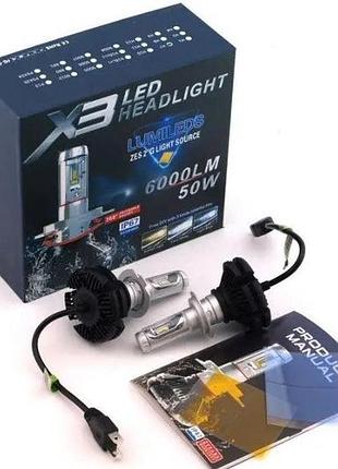 Цоколь h11 комплект led ламп x3 h11 6500k 9-32v 22w с радиатором (диод zes)
