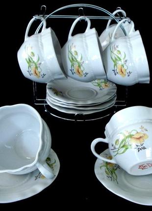 Сервиз / набор чайных чашек узелок  "цветок зеленый"  коростень фарфор состоит из 12 предметов на 6 персон.1 фото