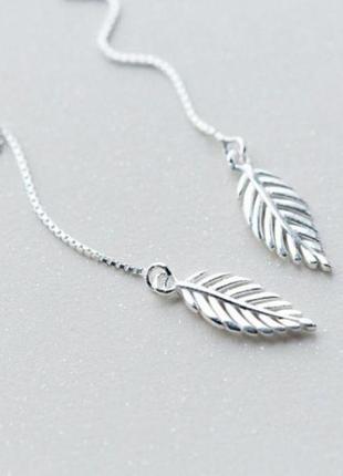 Длинные серьги протяжки с листиками, покрытие серебро 925 пробы9 фото