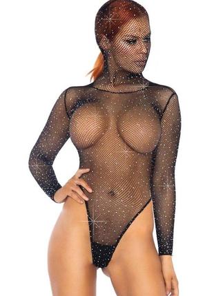 Фетиш-тедди leg avenue rhinestone net hooded teddy one size black, длинные рукава, фетиш-капюшон