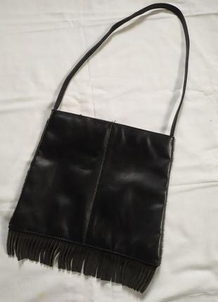Винтажная стильная кожаная сумочка  с бахромой и натуральным мехом6 фото