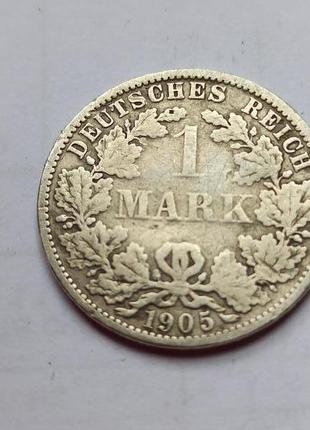 Германська імперія 1 марка 1905 г. монетний двір а. срібло.