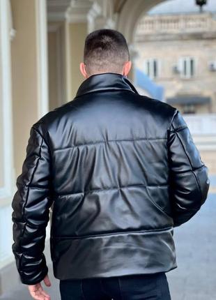 Тепла чорна чоловіча куртка пуховик з екошкіри) + подарунок*5 фото