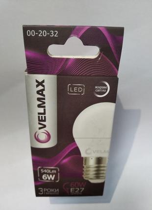 Led лампа velmax v-g45, 6 w, e27, 4100 k, 540lm, кут 220°