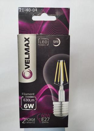 Led лампа філаментна velmax v-filament-a60, 6w, e27, 4100k, 630lm