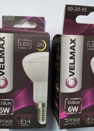 Led лампа velmax v-r50, 6w, e14, 3000k, 510lm, кут 120°