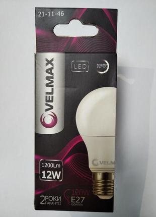 Led лампа velmax v-a60, 12w, e27, 3000k, 1200lm, кут 240°